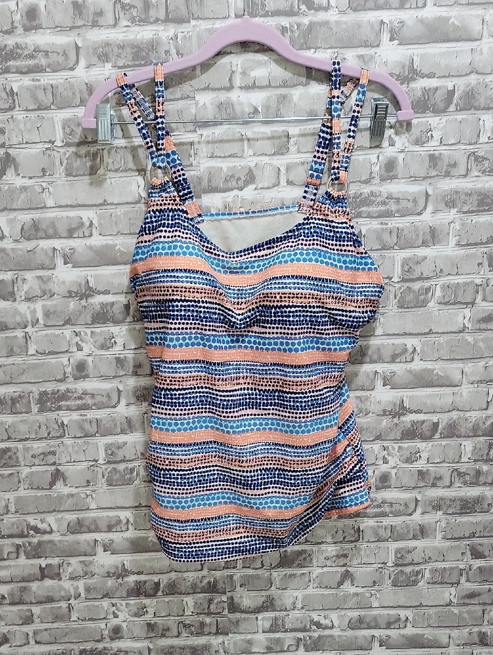 croft & barrow Navy, Light Blue & Peach Striped Tankini Top , Double Straps 1X